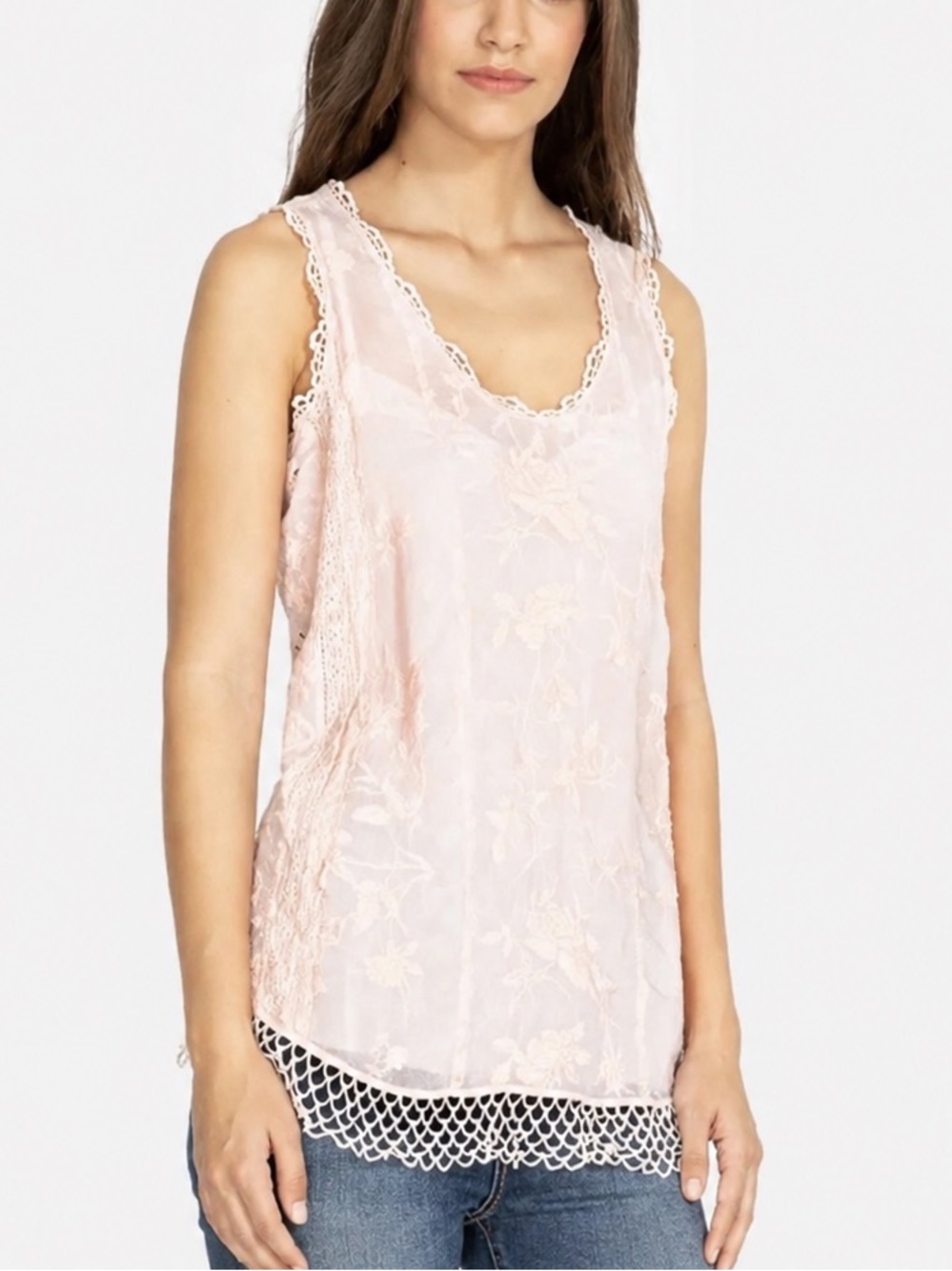 Johnny Was Quynn Tank Pale Pink Scoop Neck Embroidered Sleeveless Tunic Top S